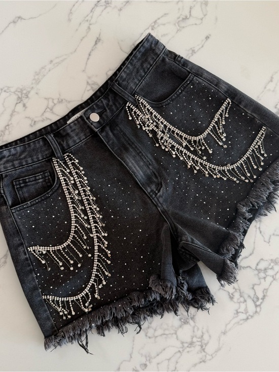 12th Tribe Pants - 12th Tribe Love Thing Rhinestone Denim Shorts - Washed Black - Size Large